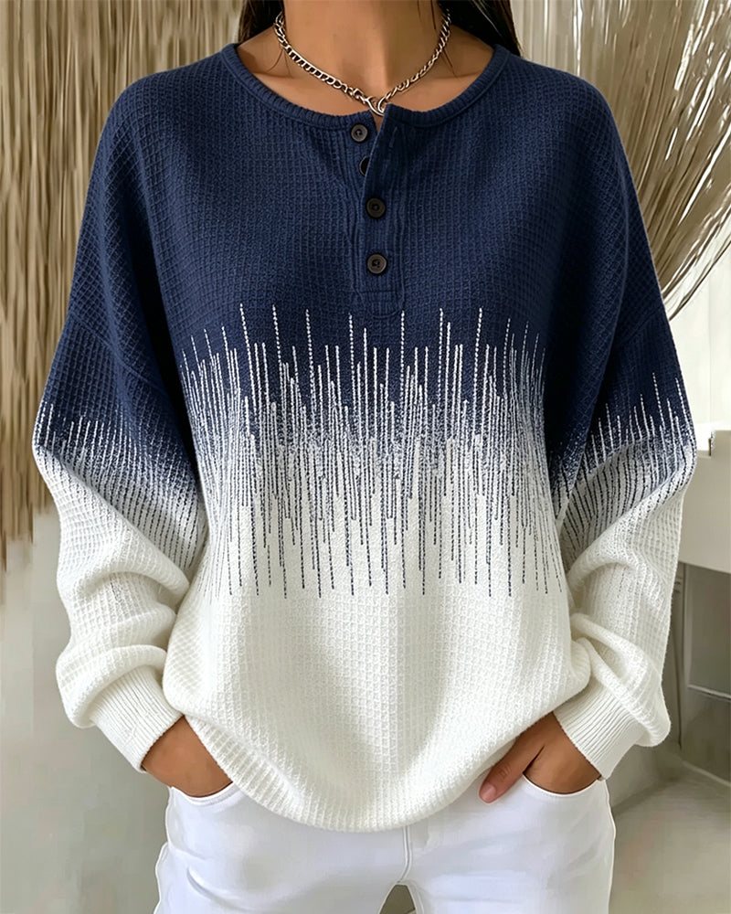 Crewneck Button Waffle Knit Color Block Sweatshirt