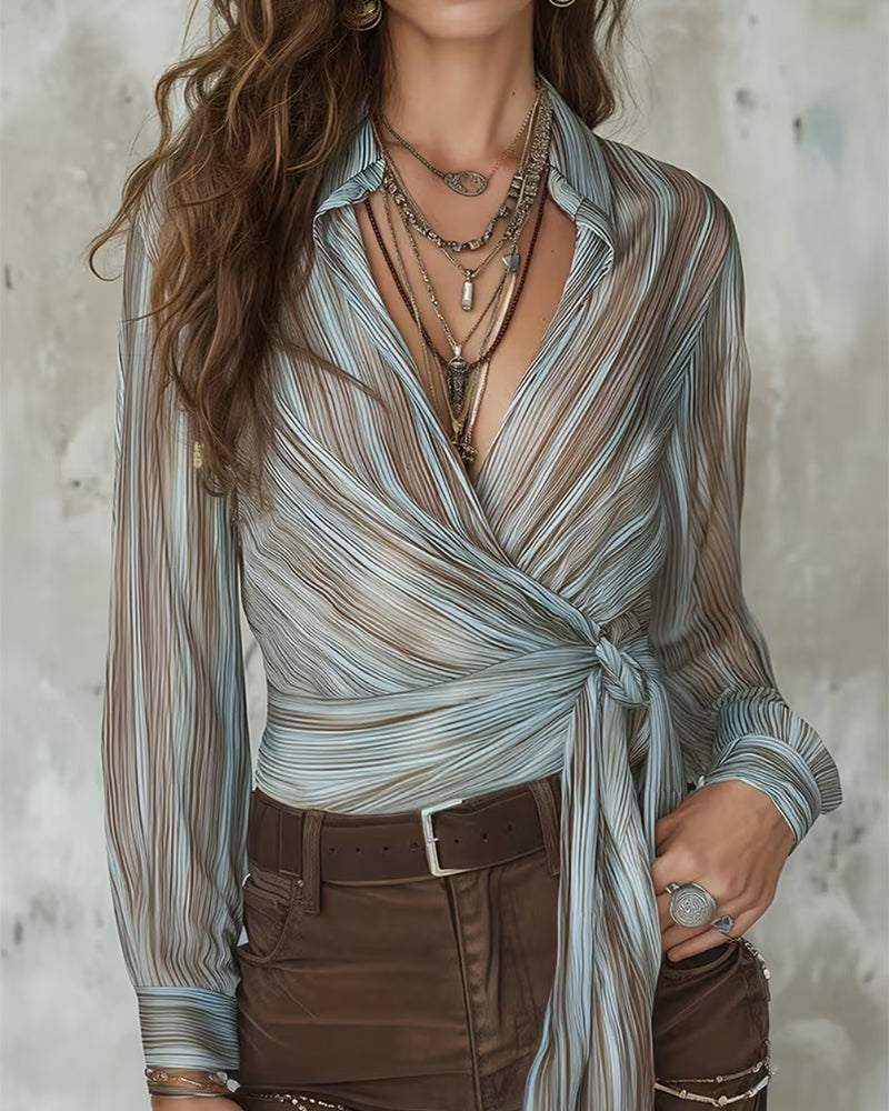 Lapel Stripe Twist Knot Blouse