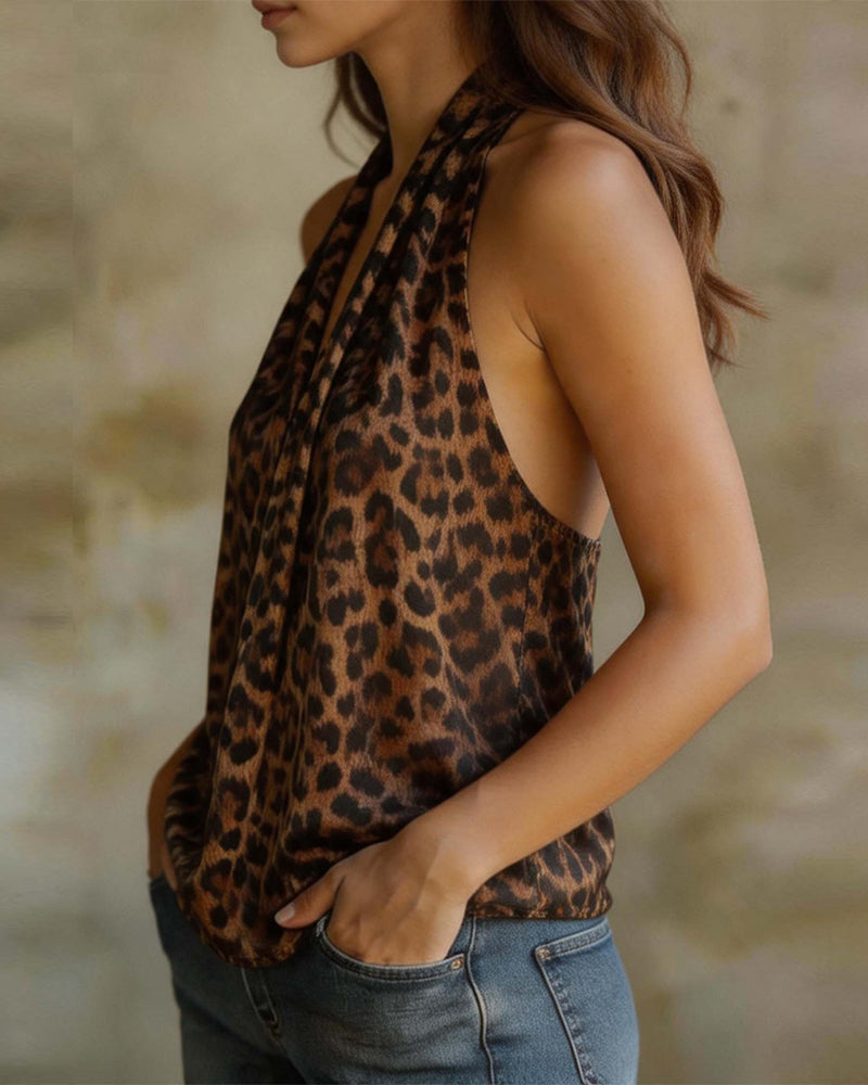 Bluse V-Hals Halter Leopard Ermeløs