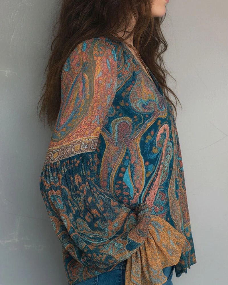Bohemian Style Flared Sleeve V-Neck Blouse