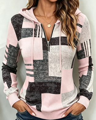 Half-Zip Casual Contrast Plaid Hoodie