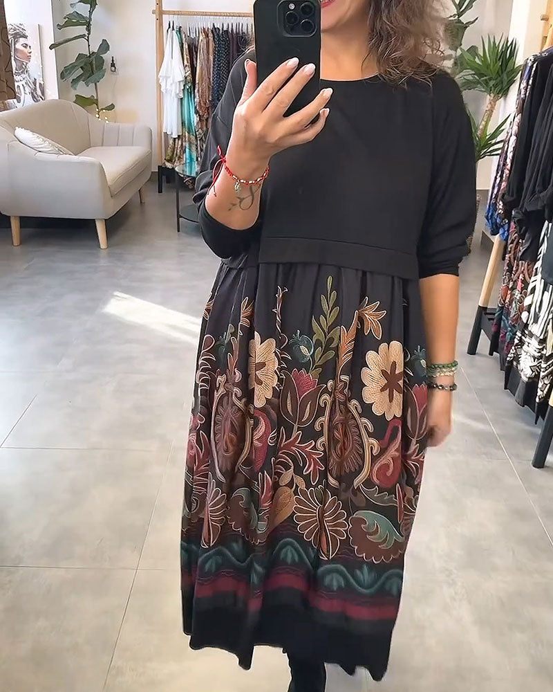 Floral Crew Neck Patchwork Flared Dress