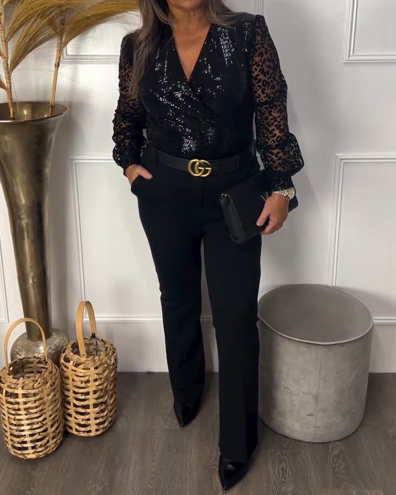 V-Neck Leopard Print Mesh Sequined Patchwork Top