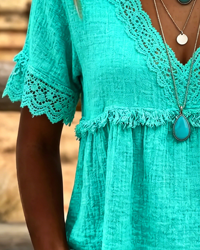 V-Neck Lace Trim Design Blouse