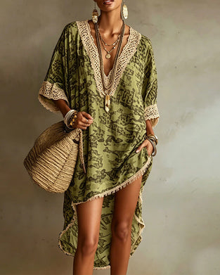 Fringed-Trim V-Neck Resort Cover-Up Dress