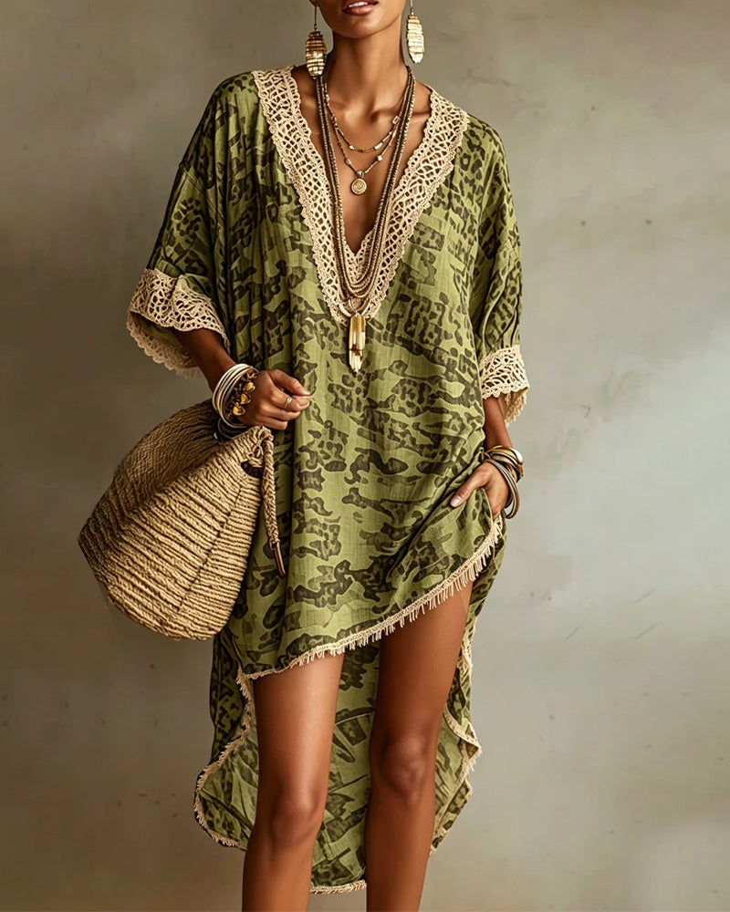 Fringed-Trim V-Neck Resort Cover-Up Dress
