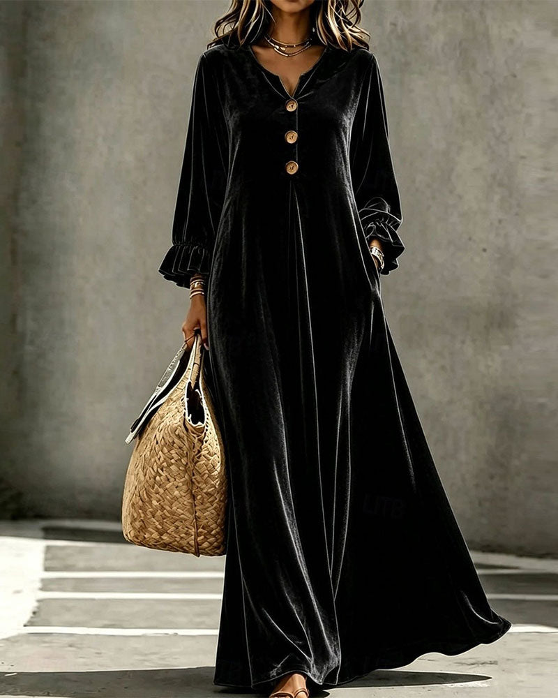 V-Neck Ruffle Trim Long Sleeve Velvet Dress