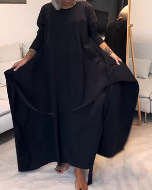 Fashion solid color pleated lace-up round neck dress