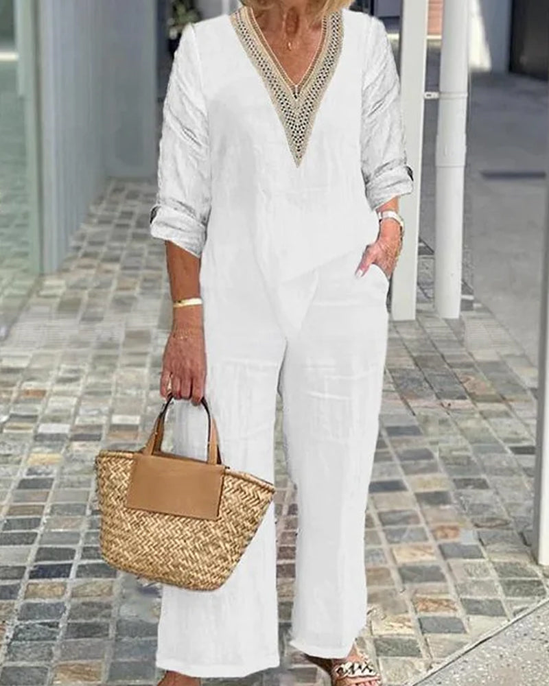 V-Neck Long Sleeve Casual Two-Piece Set