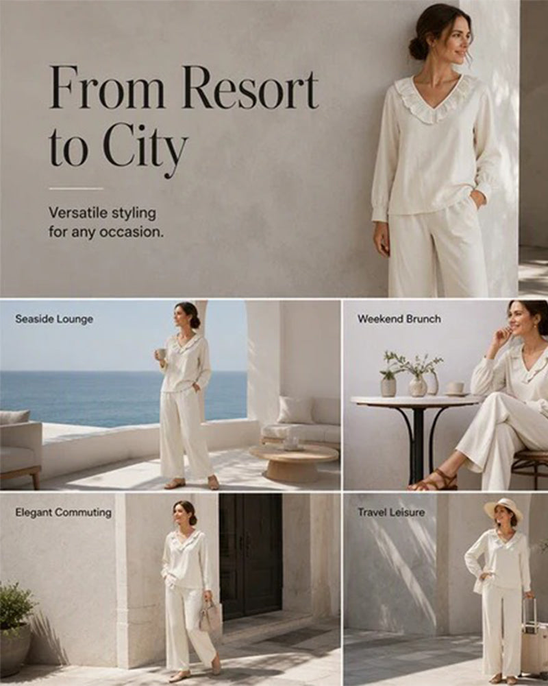 Ruffled V-Neck Long Sleeve Set