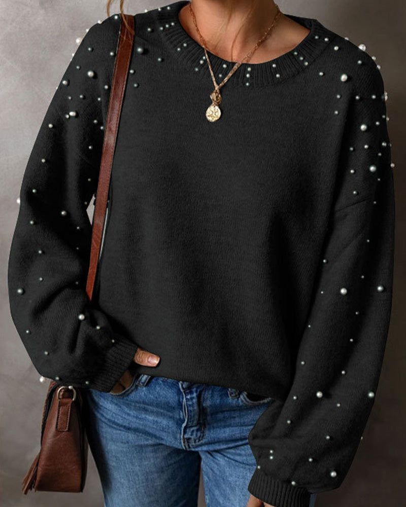 Beaded Long Sleeve Crew Neck Pullover