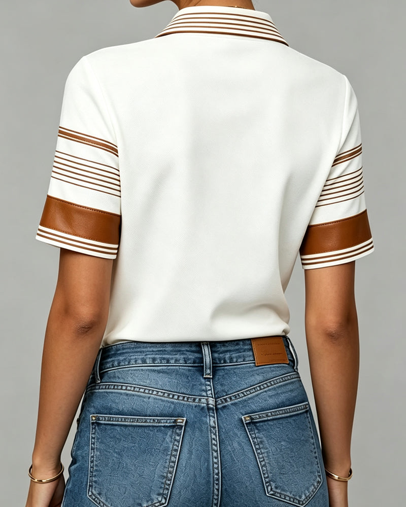 Lapel Button Striped Short Sleeve T-Shirt