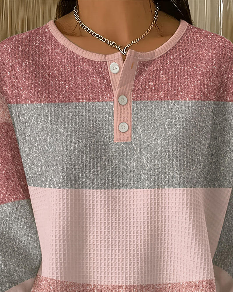 Button Crew Neck Color Block Sweatshirt