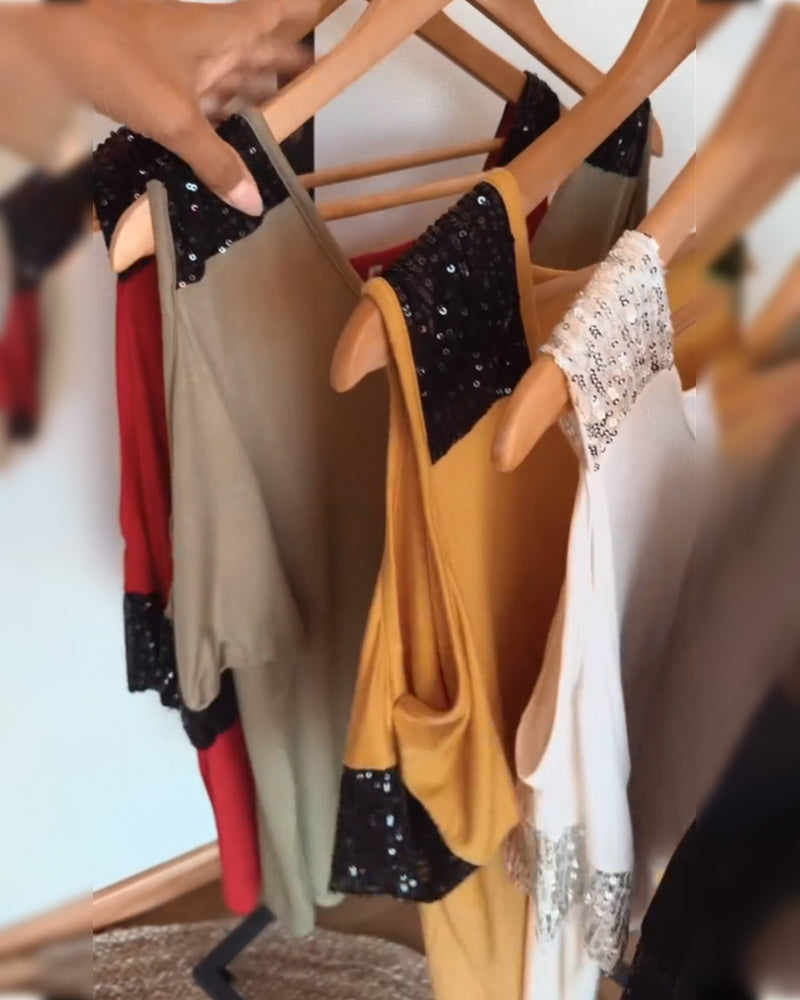 V-Neck Off-The-Shoulder Sequin Patch T-Shirt