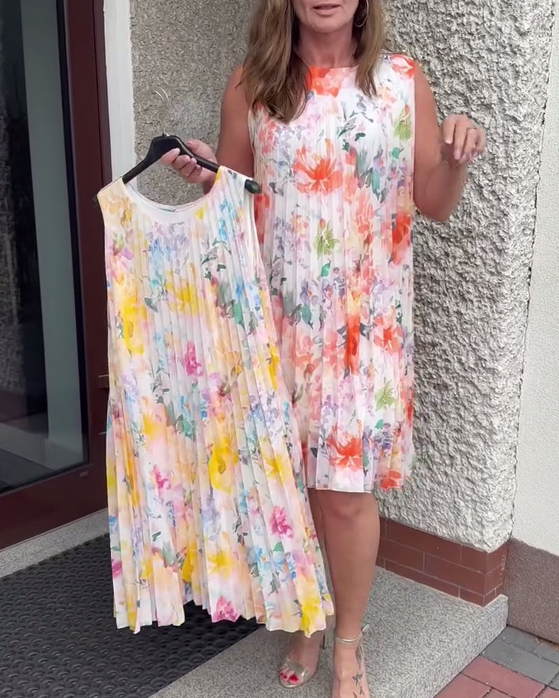 Sleeveless Pleated Floral Dress
