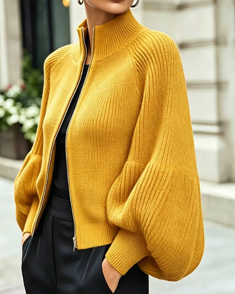 Stand-Collar Zipper Lantern Sleeve Coat