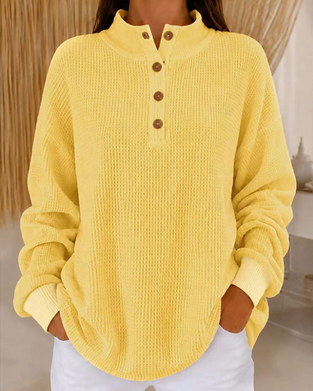 Mock Neck Waffle Buttoned Top
