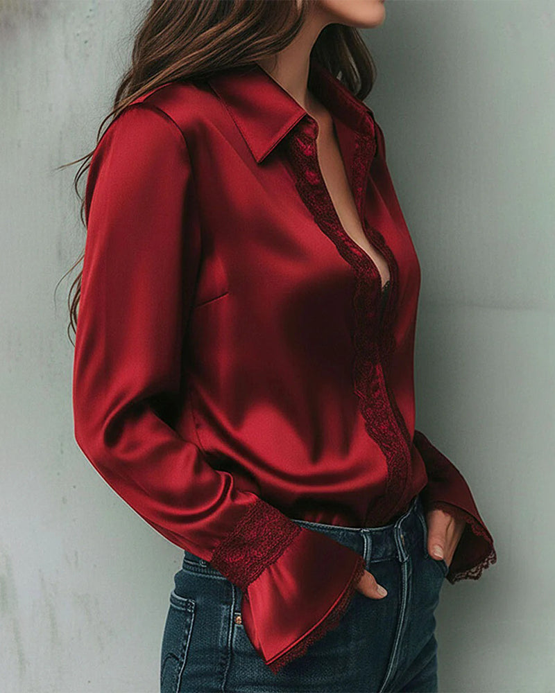 Satin Lace-Paneled Lapel Blouse