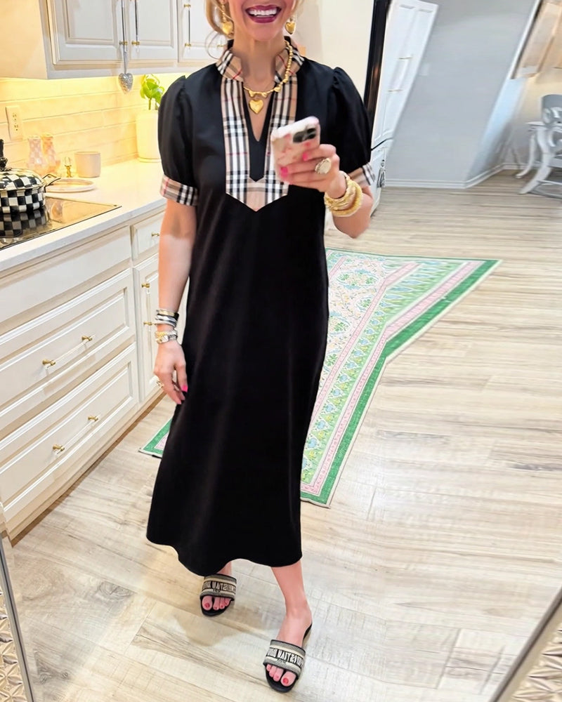 Puff Sleeve Plaid Contrast Dress