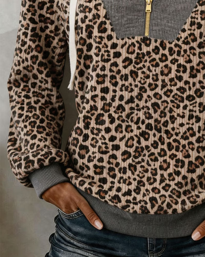 Leopard Print Spliced Half-Zip Hoodie