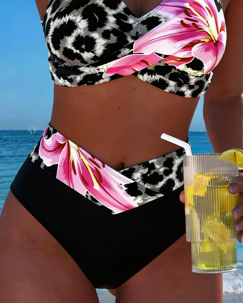 Leopard Print Floral Contrast Color Bikini