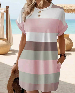 Crewneck Striped Print Short Sleeve Casual Dress