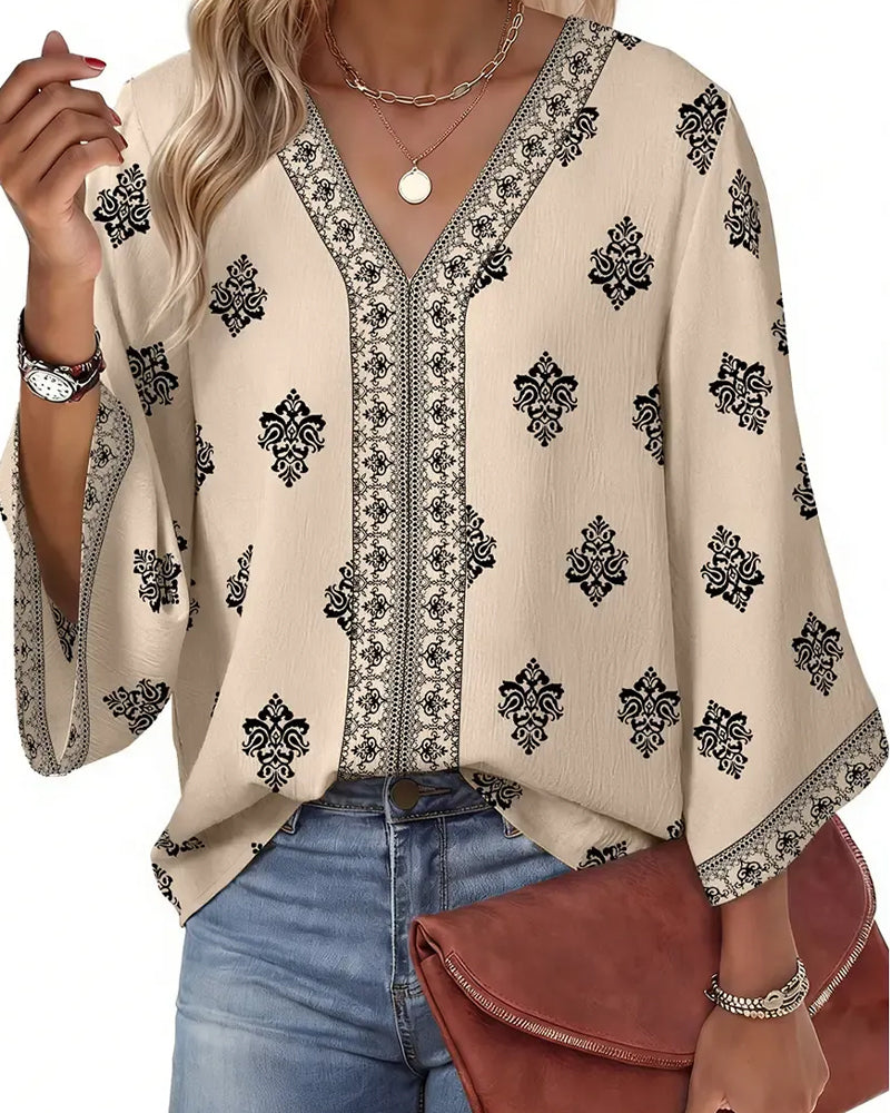 V-Neck Ethnic Loose Blouse