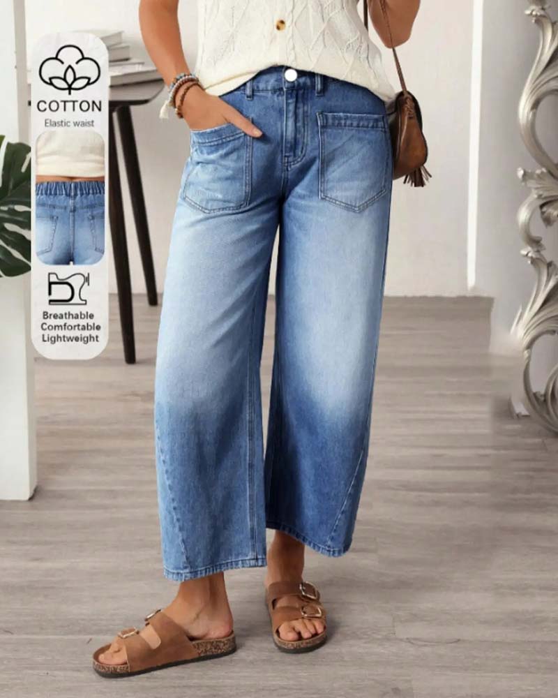 Denim Elastic Waist Wide-Leg Cropped Jeans