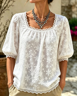 Square Neck Puff Sleeve Jacquard Blouse