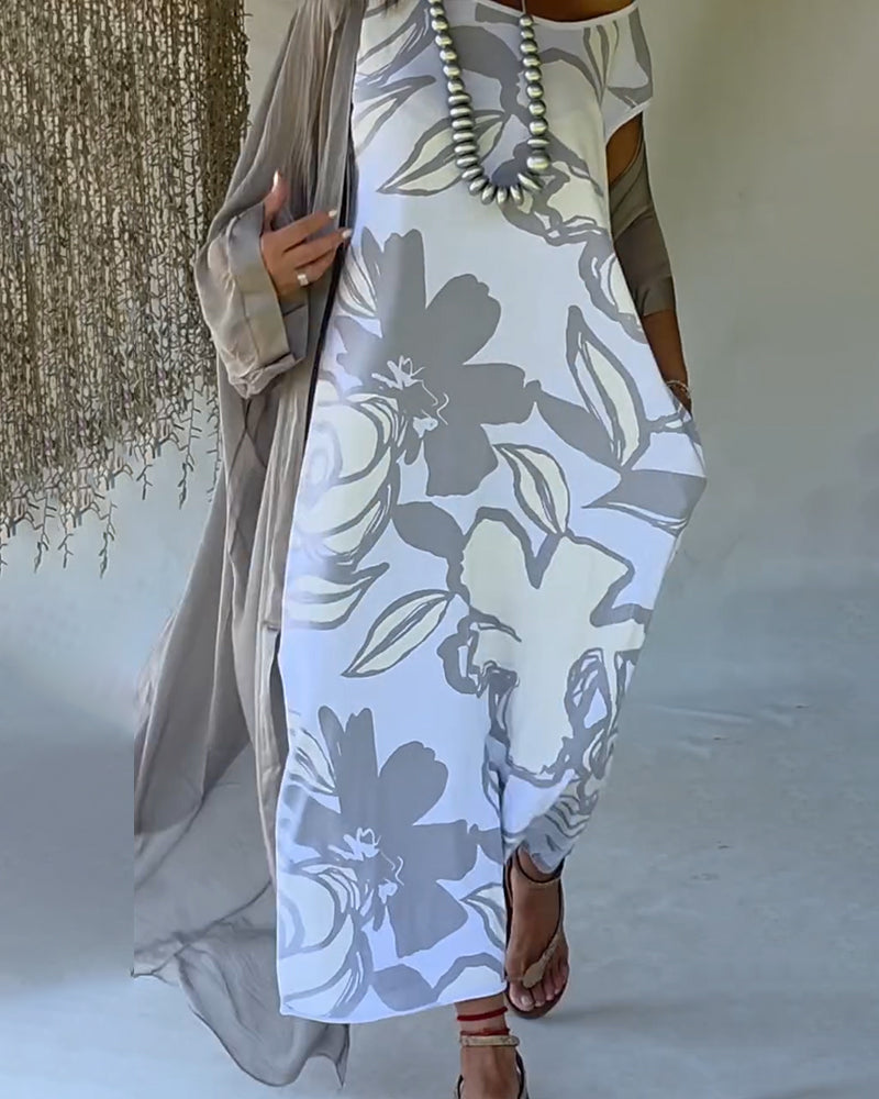 Abstract Floral Print Sleeveless Dress