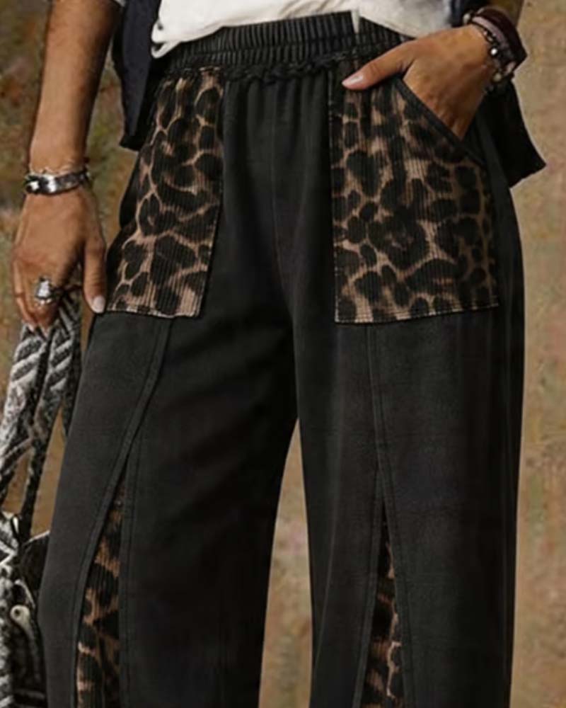 Leopard Print Wide-Leg Patchwork Casual Pants