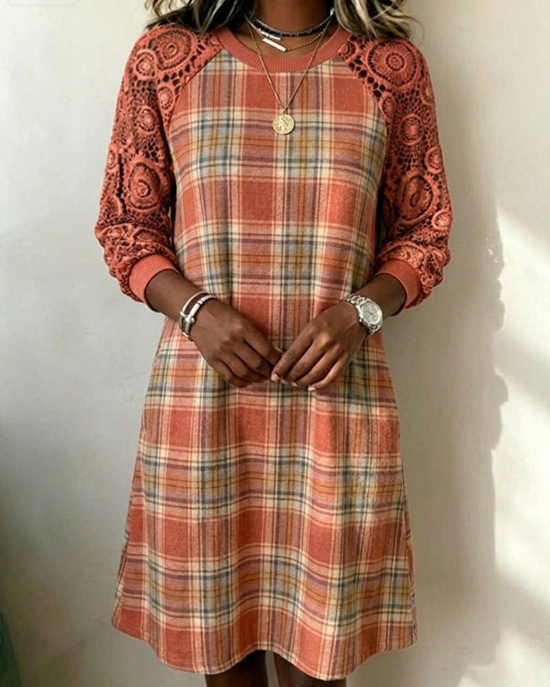 Plaid Lace Raglan Midi Dress