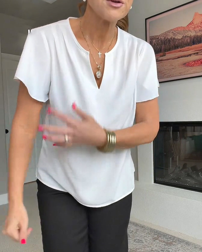 Lotus Leaf V-Neck Solid Color Blouse