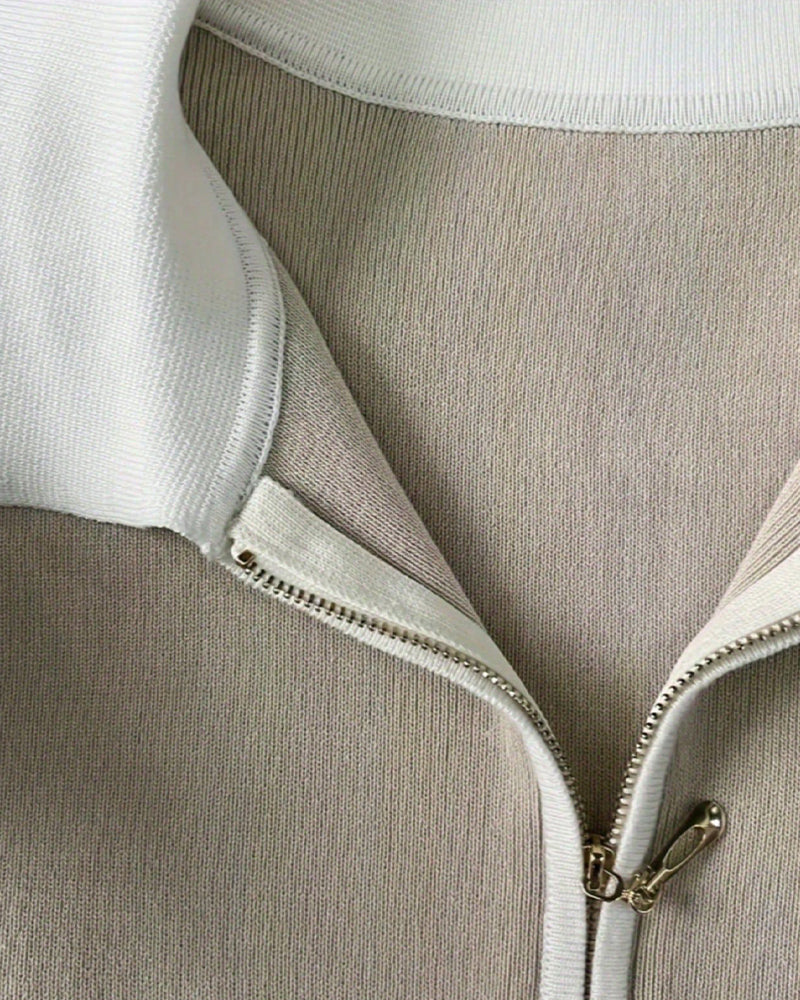 Contrast-Color Lapel Short-Sleeve Blouse