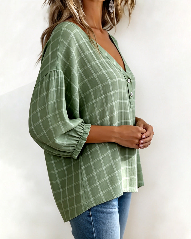 V-Neck Plaid Loose Top