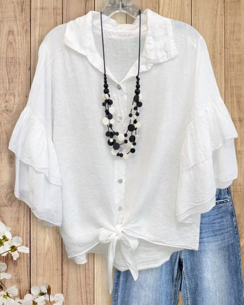 Shirt Collar Ruffle Tie Blouse