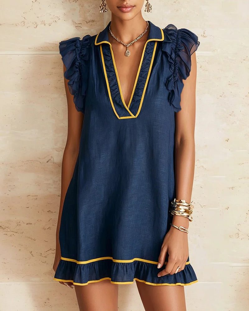 Lapel Color Block Ruffle Sleeve Dress