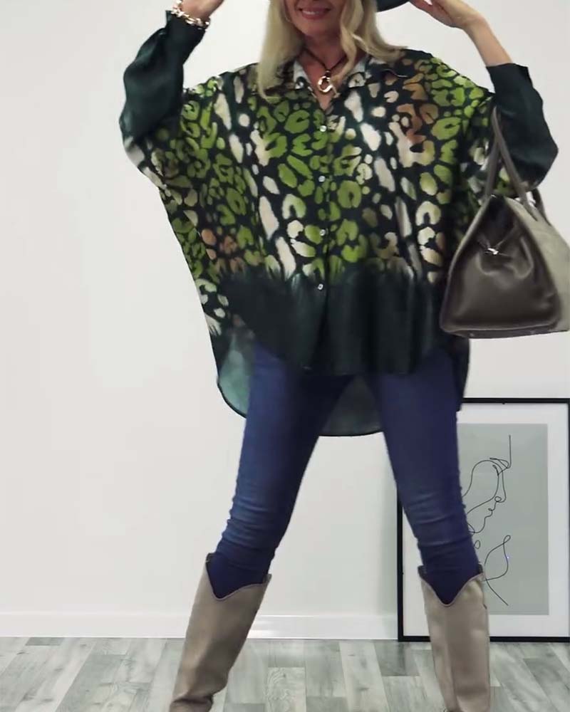 Leopard print lapel casual shirt