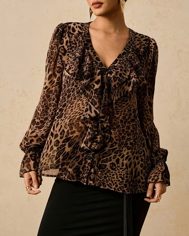 V-Neck Ruffled Leopard Print Blouse