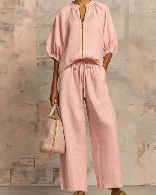 Zipper Crewneck Top Wide Leg Pants Two-Piece Sets