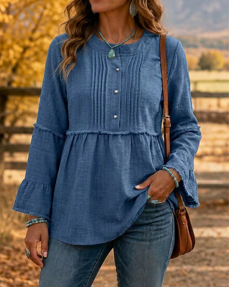 Solid Color Round Neck Blouse