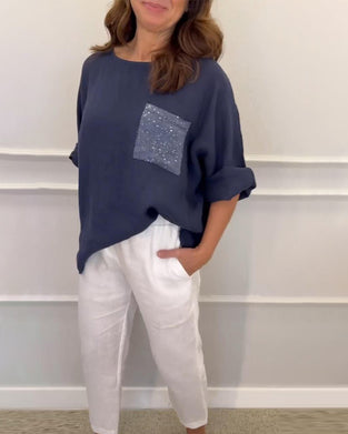 Paneled sequin pocket crew neck top
