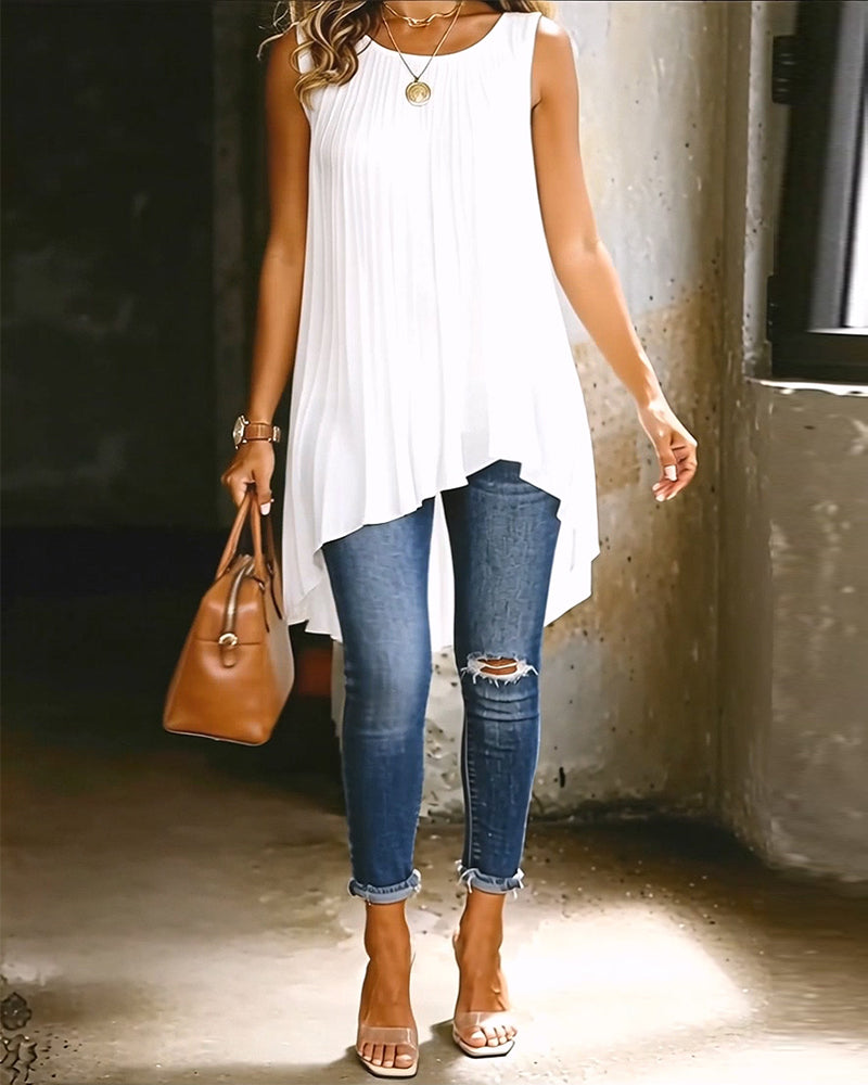 Sleeveless Pleated Irregular Blouse