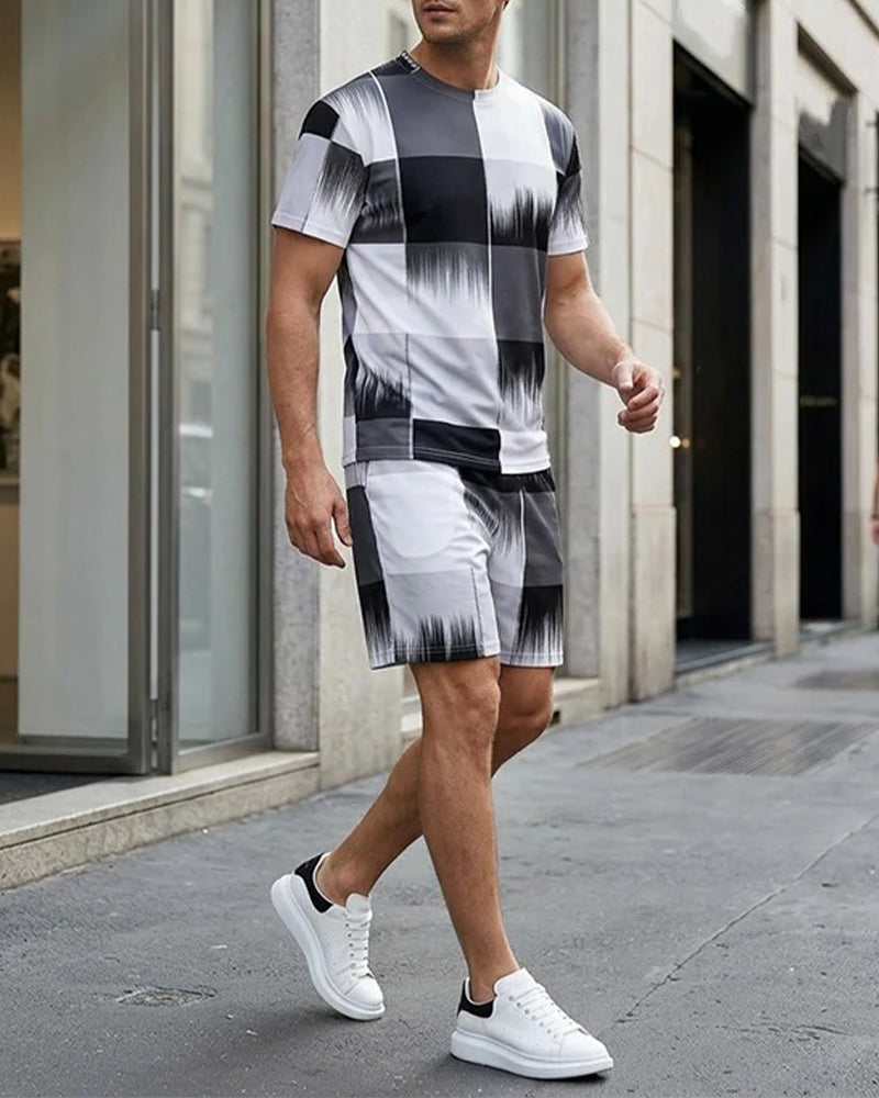Black and White Gradient Plaid Short Sleeve Set