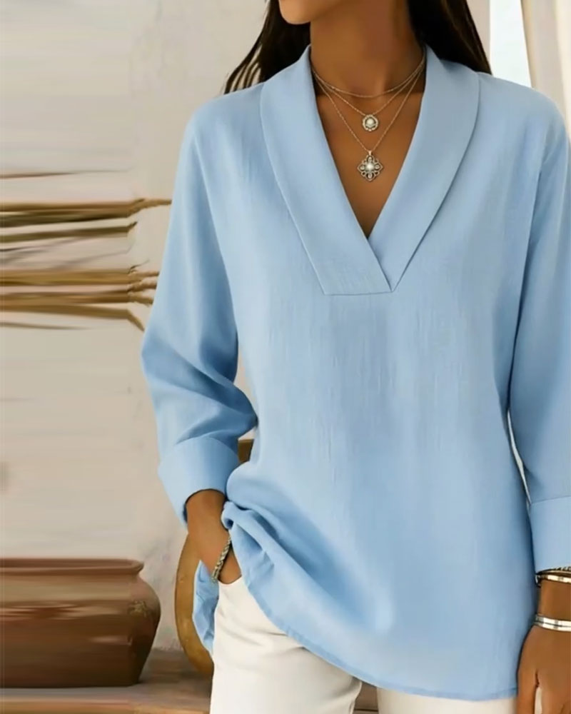 Simple V-Neck Long Sleeve Top