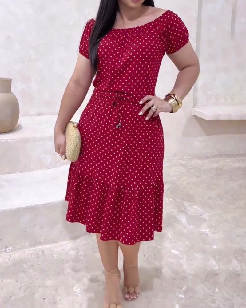 Polka Dot Short-Sleeved Fitted A-Line Dress