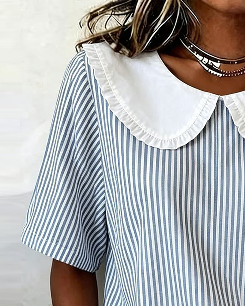 Striped Peter Pan Collar Short Sleeve Blouse