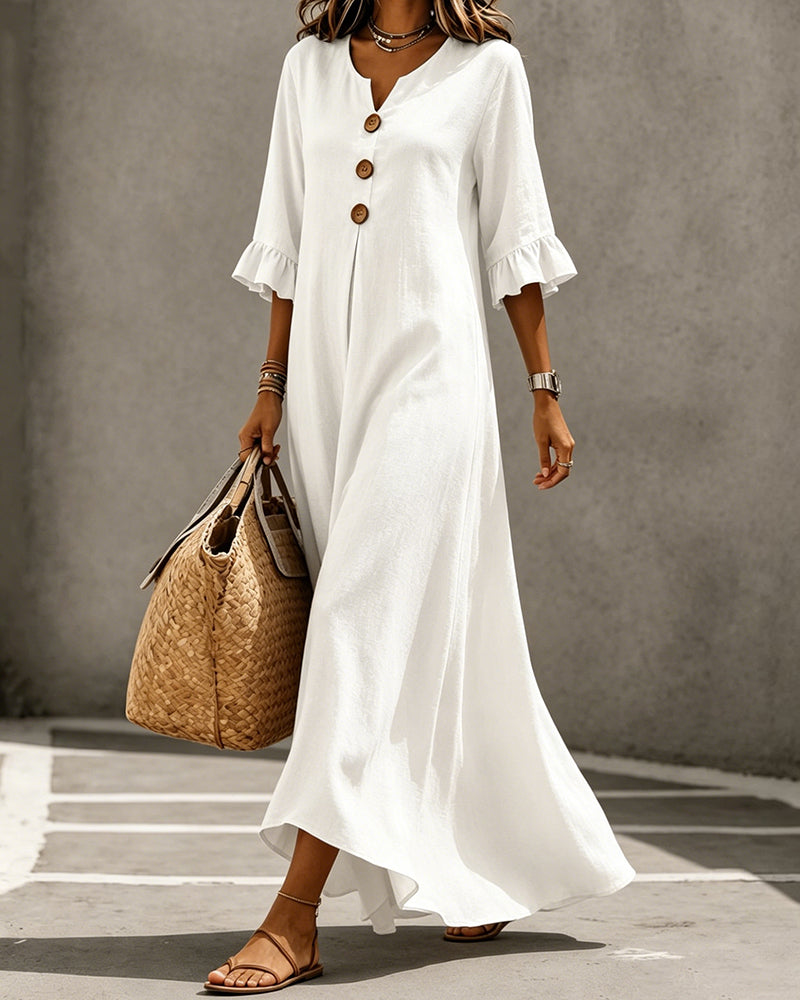 V-Neck Button Ruffle Full Skirt Dress