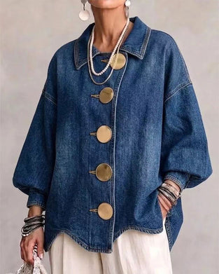 Big Metal Button Washed Denim Coat