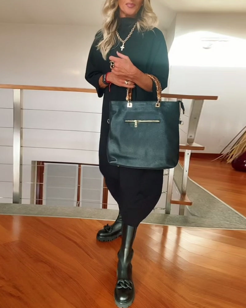 Solid color loose high collar casual dress